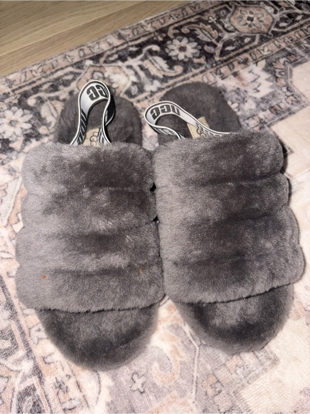 UGG Gray Plush Shearling Slide Slippers